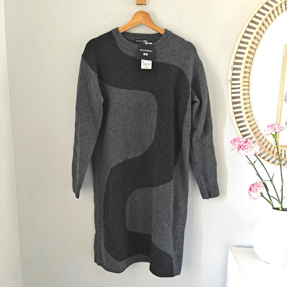 MARIMEKKO x UNIQLO 100 % Wool Sweater Dress, Gray Abstract Print, Size XS, NWT